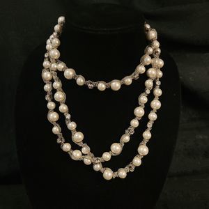 Lani Silvertone Chain White Glass Pearl & Rhinestone Necklace 60"